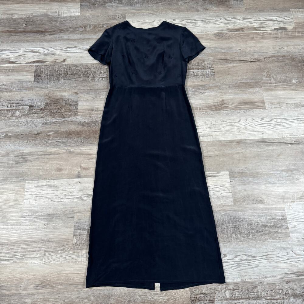 Vintage 90s Laura Ashley Navy Silk Maxi Dress Embroidered Roses Minimalist 4